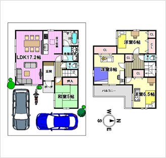 4LDKの新築戸建で駐車場もある家族で住める間取り図